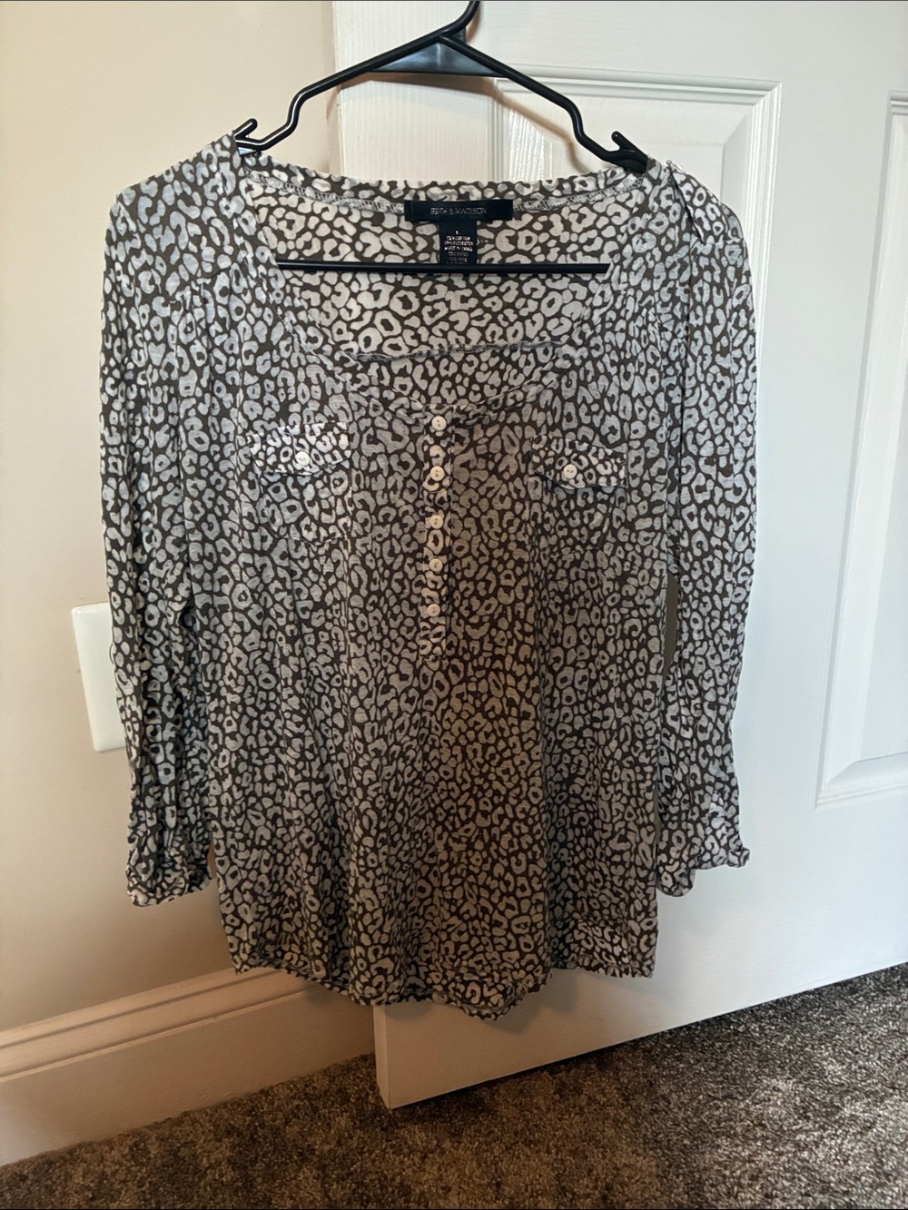 89th & Madison Black and Beige Animal-Print Button Front Blouse